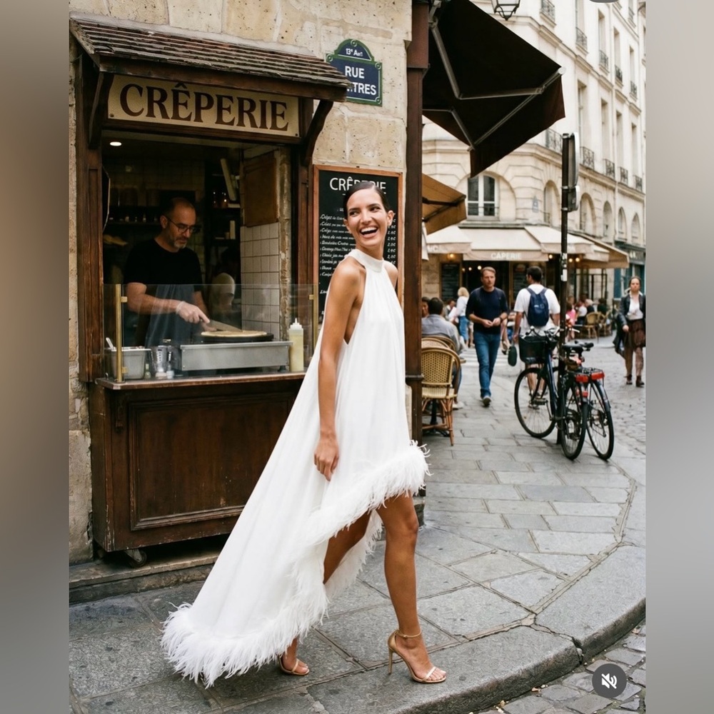 Mia White-Feather-Trim Dress